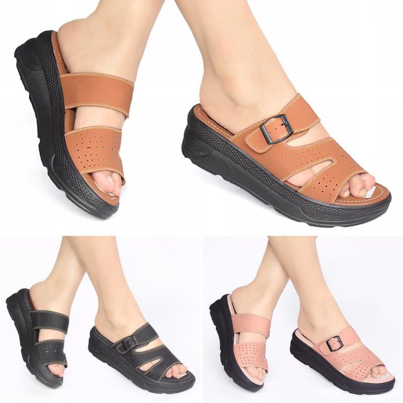 Sepatu Sandal Wedges Wanita Sandal Slop Kulit