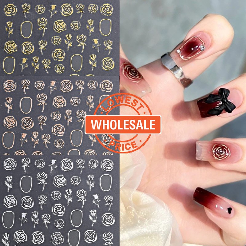 [Grosir] Kreatif Pola Geometris Gel Stiker 3D Timbul Bunga Stiker Kuku DIY Nail Art Decal Nafsu Murni Retro Rose Kembali Perekat Stiker Kuku