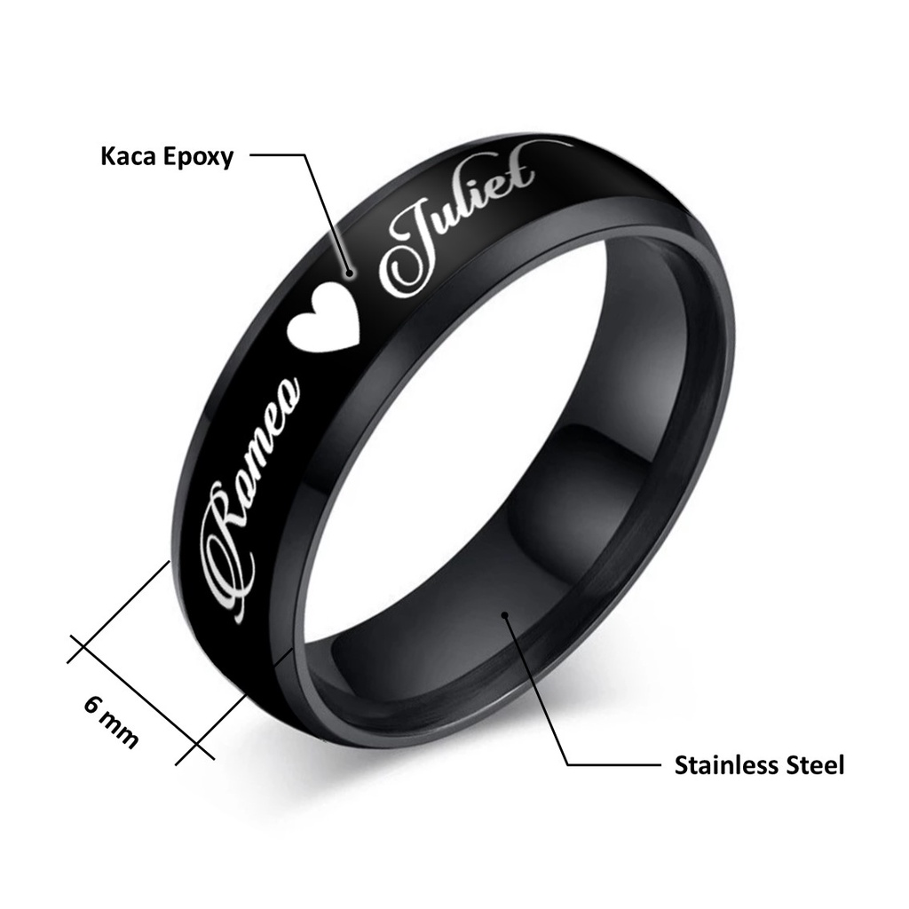 CINCIN CUSTOM TULISAN NAMA TANGGAL TEKS HITAM BLACK EDITION STAINLESS ANTI KARAT SIMPLE