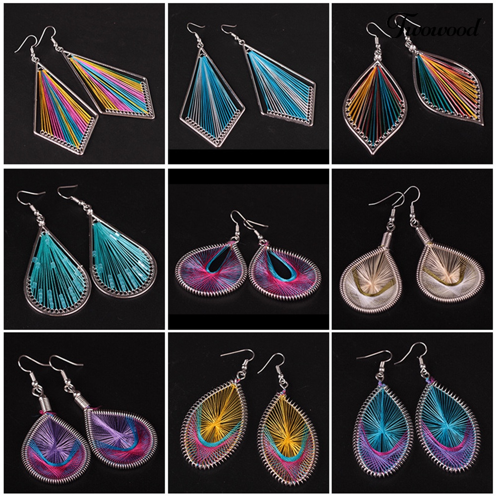 Twowood Bohemian Wanita Multicolor Sutra Geometris Tetesan Air Kait Anting Perhiasan Hadiah