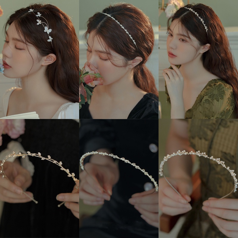 Mutiara Berlian Imitasi Alloy Tipis Ikat Kepala Fashion Kupu-Kupu Bunga Rambut Band Wanita Aksesoris Rambut