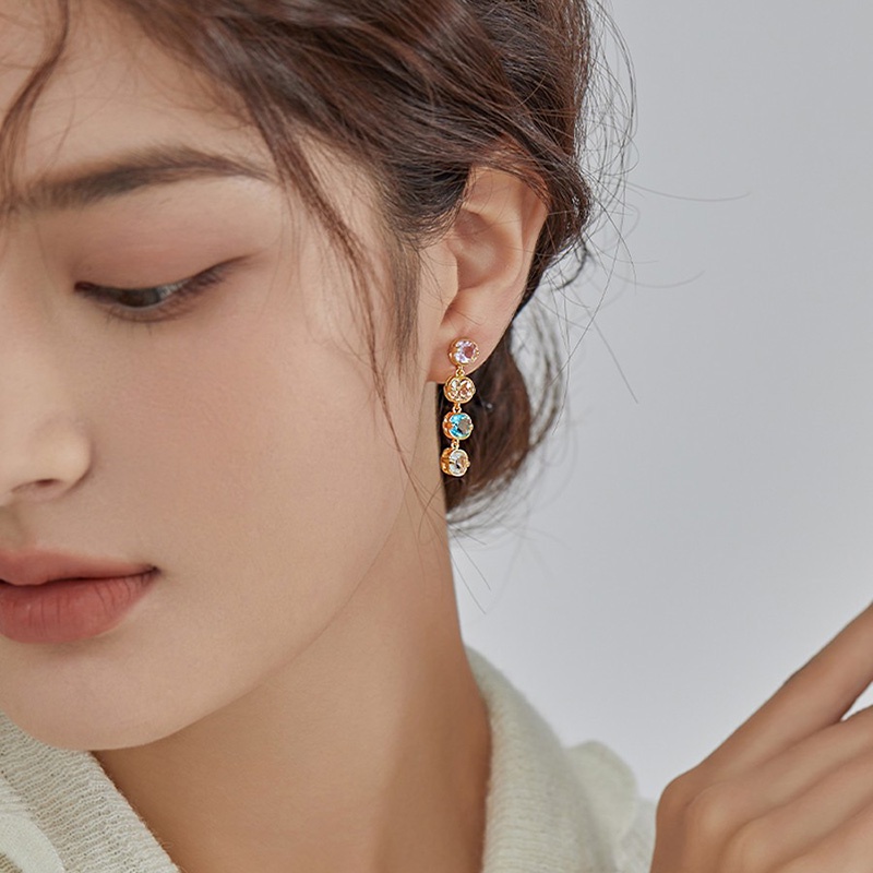 Gaya Baru Jepang Korea Panjang Warna-Warni Berlian Imitasi Rumbai Temperamen Manis Anting Elegan