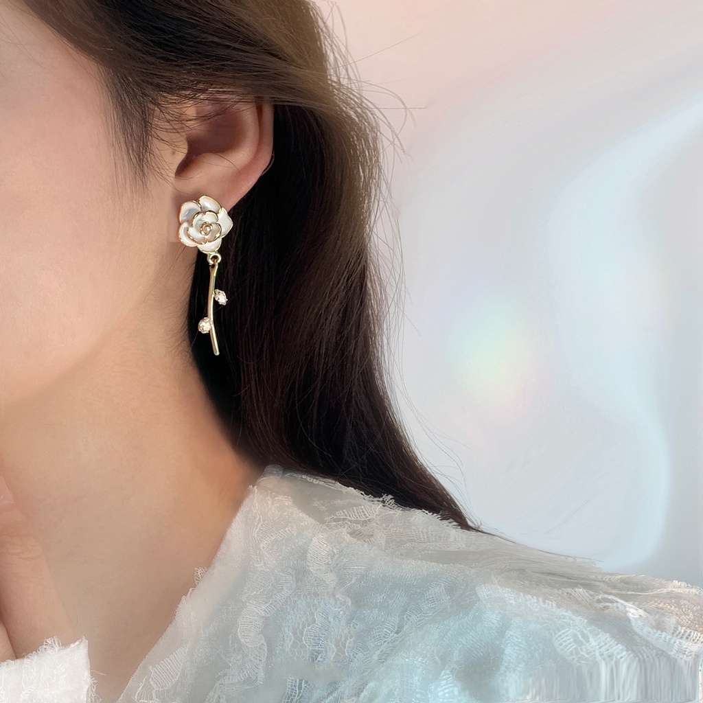 Anting Temperamen Canggih S925 Perak Jarum Putih Anting Kamelia Gunung