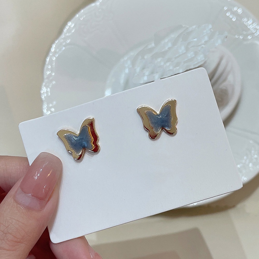 Anting Klip On Kupu-Kupu Biru Lucu Non Tindik Perhiasan Enamel Lapis Emas Earcuff Untuk Wanita Hadiah Pesta Pengantin