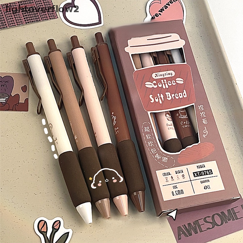 [lightoverflow2] 4pcs Coffee Soft Bread Gel Pen Set 0.5mm Tinta Warna Hitam Untuk Wrig Perlengkapan Alat Tulis Kantor Sekolah [ID]