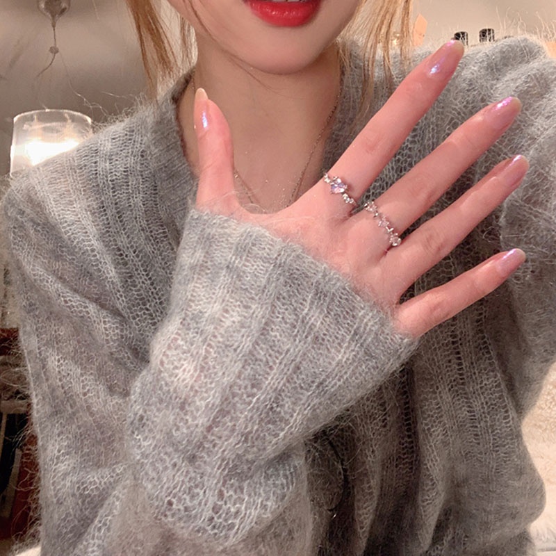 Cincin Bukaan Geometris Hati Zircon Bahan Alloy Korea Untuk Wanita