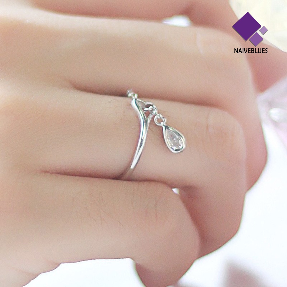 &lt; Naiveblues &gt; Rantai Adjustable Teardrop Cubic Zirconia CZ Cincin Pembukaan Hati Berongga