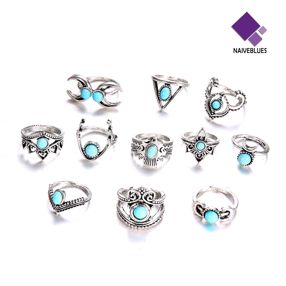 &lt; Naiveblues &gt; 11Pcs/Set Vintage Wanita Perhiasan Hadiah Bohemia Palsu Turquoise Knuckle Rings