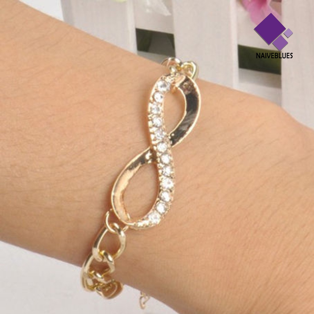 &lt; Naiveblues &gt; Perhiasan Gelang Berlian Imitasi Kristal Rantai Emas Wanita Infinity Hadir