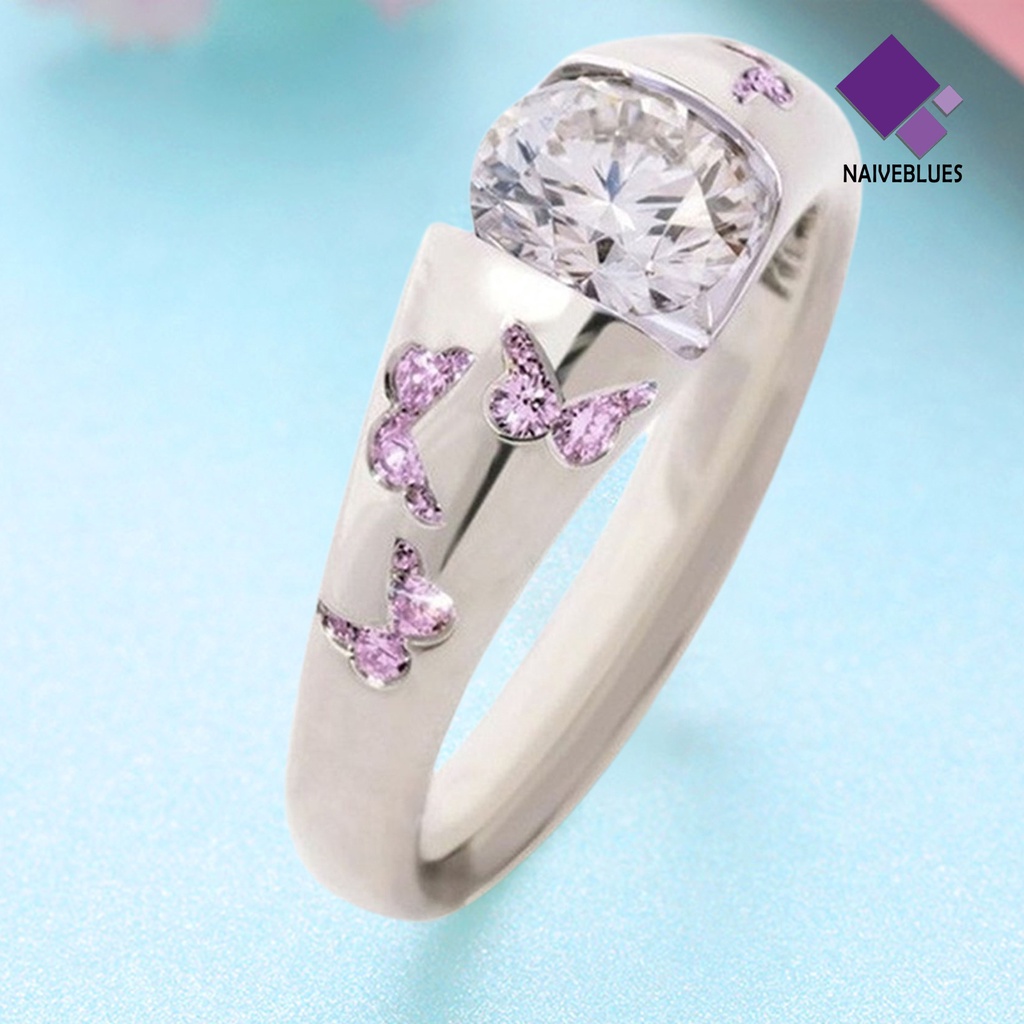 &lt; Naiveblues &gt; Cincin Aksesoris Perhiasan Motif Kupu-Kupu Bahan Alloy Cubic Zirconia Finger Untuk Wanita