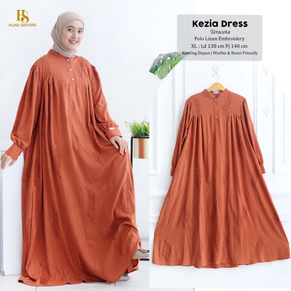 KEZIA Dress Jumbo ORI HIJAB SISTER | Gamis Terbaru Polo Linen Embroidery Polos LD 130