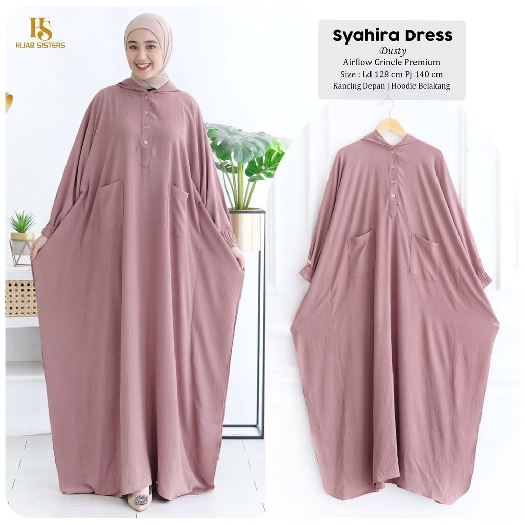 SYAHIRA Dress Hoodie ORI HIJAB SISTER | Gamis Crinkle Airflow Premium Polos Busui LD 130