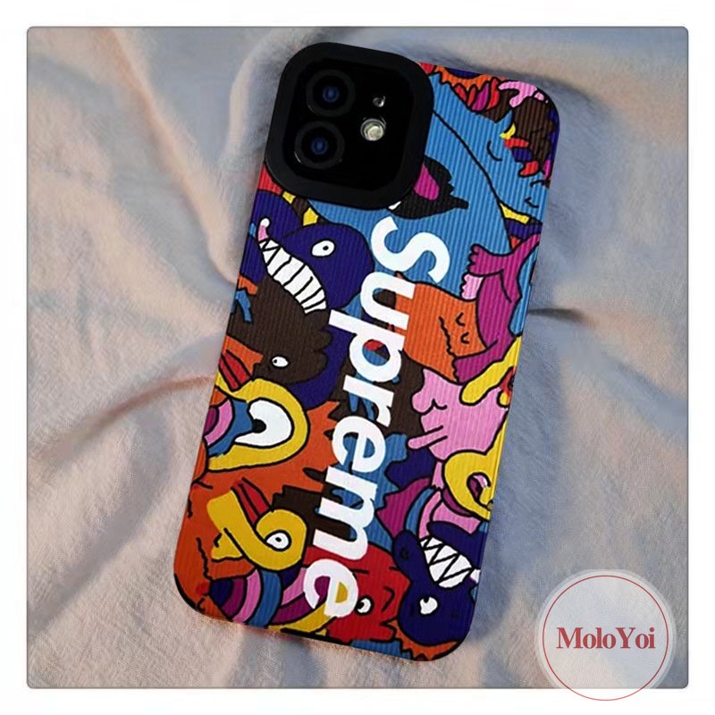 Stiker Tekstur Kulit Lembut Shockproof Case Kompatibel Untuk IPhone XR X XS Max8 7 Plus 13 14 12 11 Pro Max 8Plus 7Plus Merek Trendi Super.me Kartun Lucu Graffiti Silicon Cover