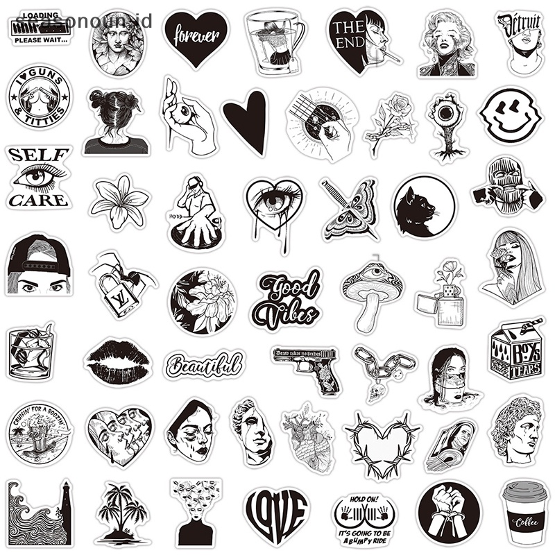 Seasonoun 50Pcs Hitam Dan Putih Artsy Aesthetic Stiker Untuk Phone Case Koper Laptop Scrapbooking Graffiti Stiker Keren Gypsum Head Graffiti Stickers.