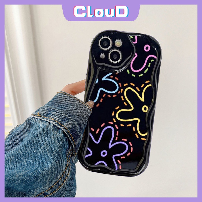 3d Wavy Curved Edge Shockproof Glossy Floral Phone Case Kompatibel Untuk iPhone 7Plus XR X11 14 12 13 Pro Max 6s 6 7 8 Plus XS Max SE 2020 Fashion Garis Sederhana Bunga Soft Cover