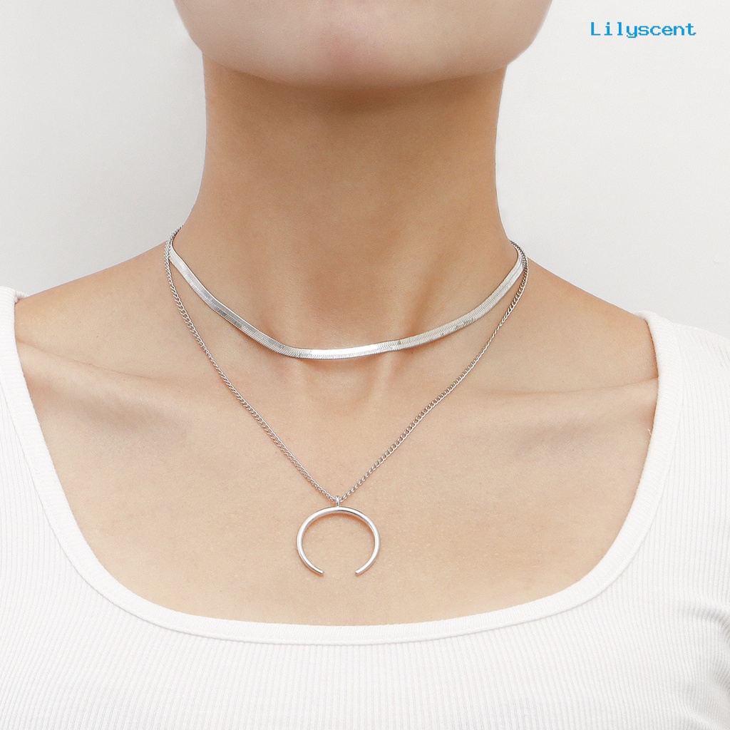[LS]Wanita Kalung Liontin Sabit Lapisan Ganda Keren Bergaya Snack Rantai Adjustable Alloy Kalung Aksesori Fashion