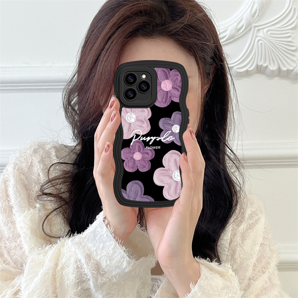 Flower Case Samsung A04e A14 A13 A12 A03s A04s A02s A03 M23 A23 A22 A32 A31 A21s A10S A20 A52 A30s A51 A71 A53 M22 M32 A02 Wavy Edge Black Purple Floral Lukisan Minyak Soft Cover