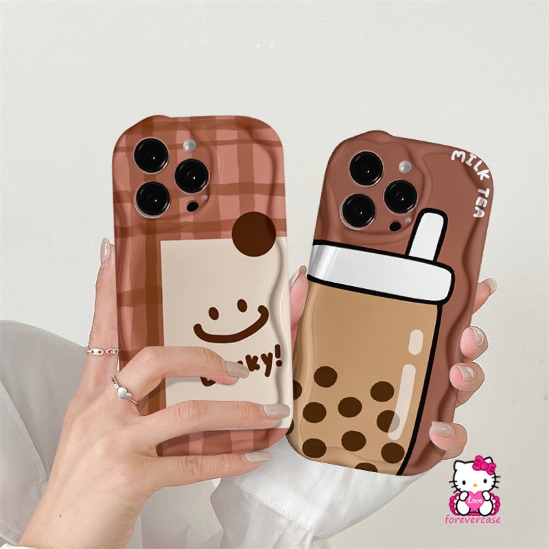 Grid Lucky Smile Splicing Pearl Milk Tea Case Untuk Realme C53 C15 C30 C21Y C25Y C25 C55 C33 C17 C35 C20A C31 C25s C11 C12 C20 C3 C21 7i 6i 5 5s 5i 3D Wavy Curved Edge Soft Cover