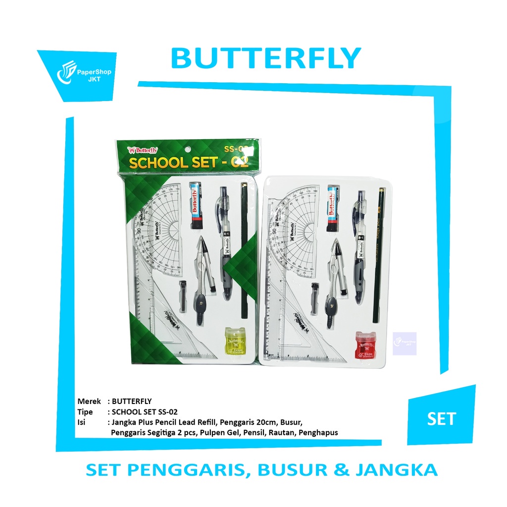 

BUTTERFLY - Jangka Penggaris Lengkap Plus Pensil Kayu SS 02 - Set