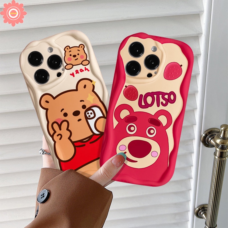 IPHONE Kartun Imut Strawberry Bear Manyo Case Kompatibel Untuk Iphone11 13 12 14 Pro Max 6s 6 7 8 Plus XR X XS Max SE 2020 Lembut Tpu Lovely Winnie the Pooh 3D Wavy Curved Edge Back Cover