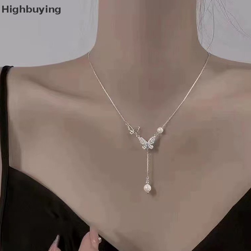 Hbid Fashion Baru Shiny Zircon Butterfly Necklace Untuk Wanita Pesona Mutiara Rumbai Romantis Rantai Klavikula Perhiasan Pernikahan Pribadi Glory