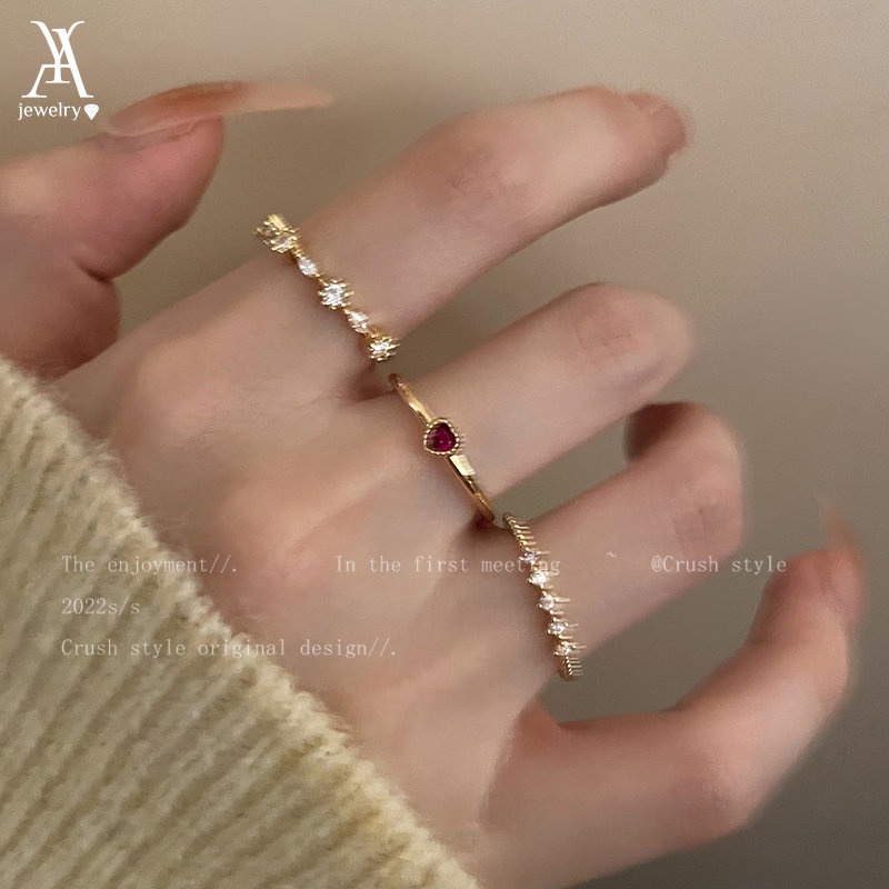 Ay (CN) 3Pcs/Set 18K Emas Elegan Hati Zirkon Cincin Set Untuk Wanita Kristal Tembaga Rings Perhiasan Aksesoris