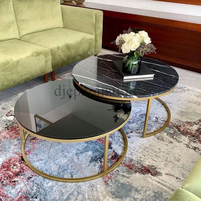 MEJA TAMU | MEJA KOPI BUNDAR RANGKA BESI TOP MARBLE MIX KACA HITAM