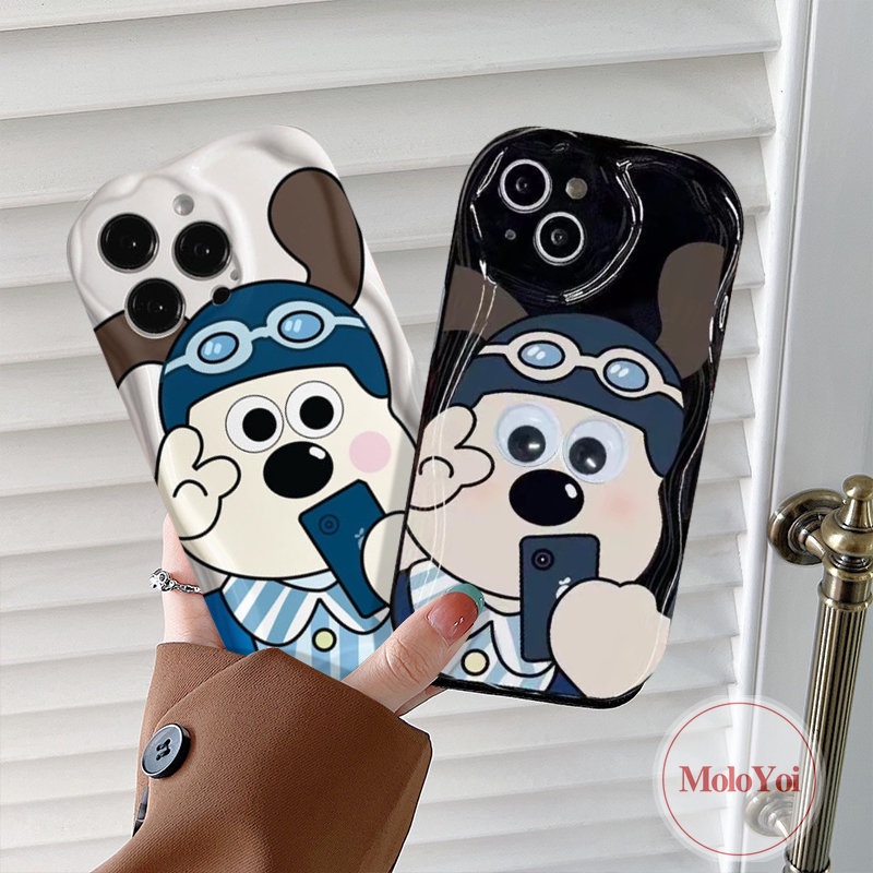 IPHONE Casing Belakang Airbag Glossy 3D Wavy Curved Edge Kompatibel Untuk Iphone11 12 13 14 Pro Max 6 8 6s 7plus XR XS X Max SE 2020 Couple Kartun Lucu Anjing Gromit Lembut Tpu Cover