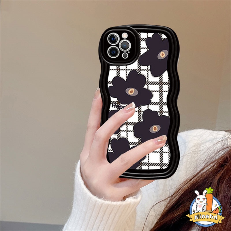 Huawei Y9 Prime 2019 Nova 7i Nova 9 7 SE Pro Nova Y90 Y70 Plus 5T 4e 3i 3e Y7A Y9s P20 Pro P30Lite Honor 8X Ins Retro Black Camellia Bertekstur Pinggiran Gelombang Bumper Casing Ponsel Tahan Guncangan