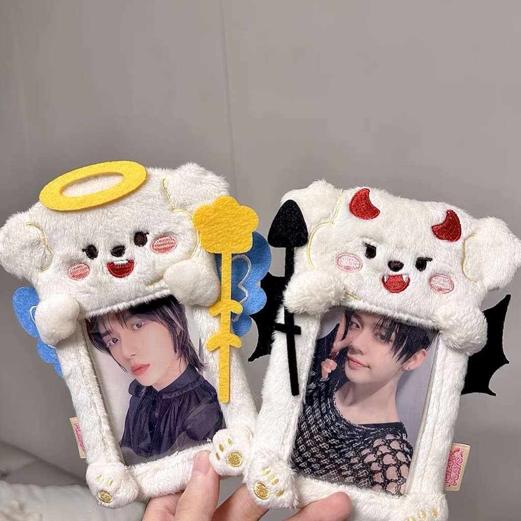 3inch Kpop Photo Card Holder Kawaii Angel Demon Lembut Mewah Tempat Kartu Gantungan Kunci Photo Card Holder Kemasan Charm