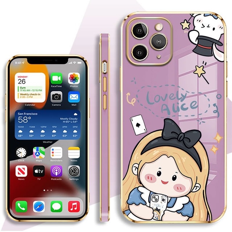 Cartoon Snow Whife Case for Oppo A9X A92019 F11 11PRO RENO RENO34G F15 A91 RENO44G RENO54G/5G RENO5K RENO64G RENO74G RENO84G F21PRO4G F21SPRO4G RENO7Z5G RENO8Z A9 Electroplate Lovely Alice Shockproof Cases Square Edge Cover Scratch Resistant Casing