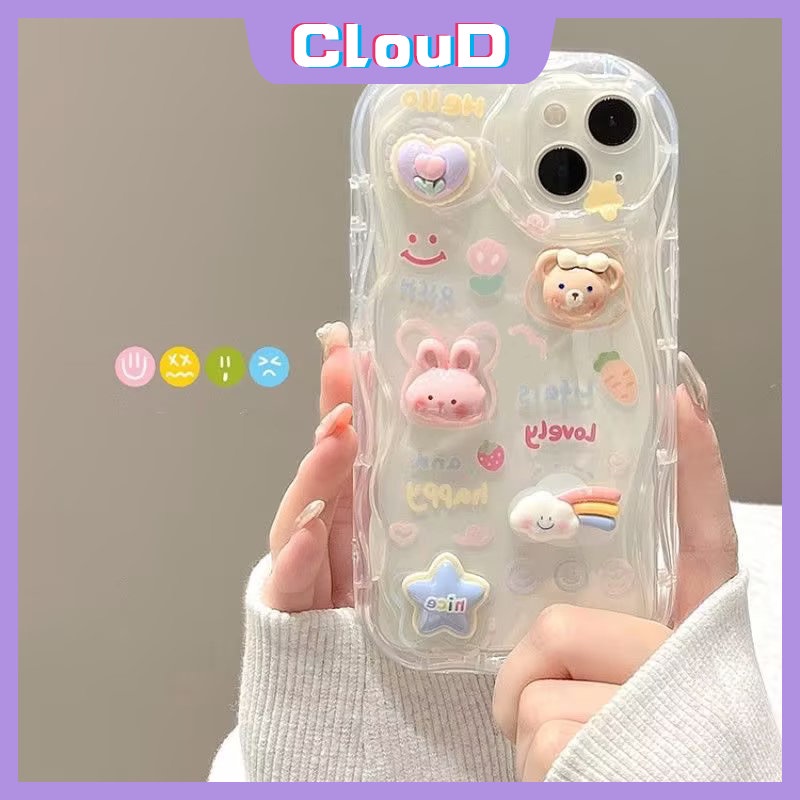 IPHONE Boneka Lucu Bear Monster Star Rainbow Rabbit Case Kompatibel Untuk Iphone11 14 12 13 Pro Max XR 7 6 6s 8plus X XS Max SE Kartun DIY TPU Lembut 3D Wavy Curved Edge Glossy Cover