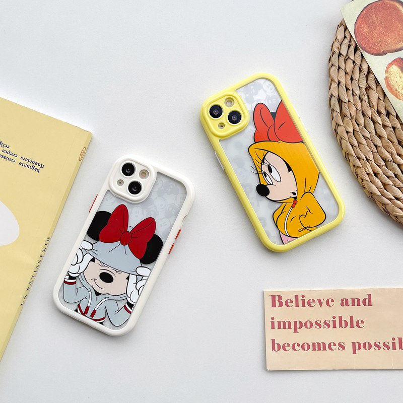 All New Cream Non-slip Camera Protect Soft Case IPhone X XR XS Max 11 12 13 14 Pro Max Women Girl Pretty Cute Couple Mickey Minnie Cartoon Phone Case