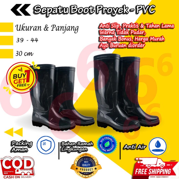 SEPATU BOOT PRIA WANITA  KARET JEEP HITAM KERJA PROYEK ANTI AIR BAHAN PVC TERLARIS