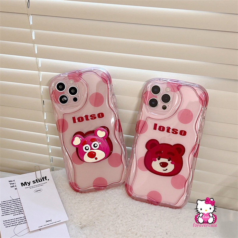 Casing Tepi Melengkung Bergelombang 3D Untuk Realme C53 C35 C3 C30 C55 C25Y C21Y C15 C33 C12 C21 C25s C17 C20A 9i 5 5s 7i 5i 6i C11 C25 C20 C31 Stand Holder Titik Gelombang Kartun Strawberry Bear Case