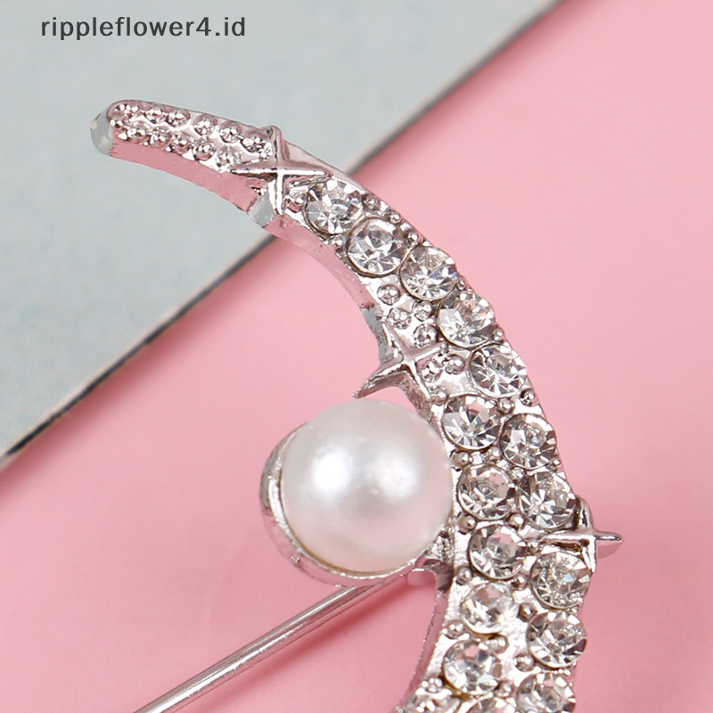 {rippleflower4.id} Mutiara Berlian Imitasi Bulan Bros Wanita Pernikahan Kantor Bros Pin Hadiah Aksesoris~