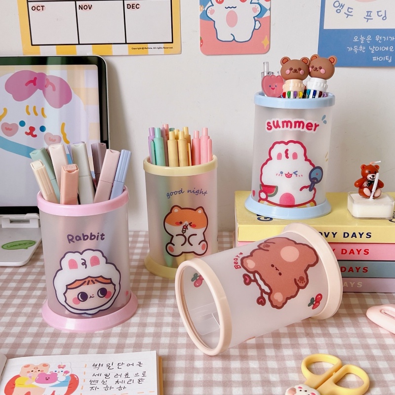 Creative Cartoon Series PP Translucent Round Pen Holder/ Desktop Storage Wadah Pensil Alat Tulis/ Kotak Penyimpanan Brushes Kosmetik Serbaguna