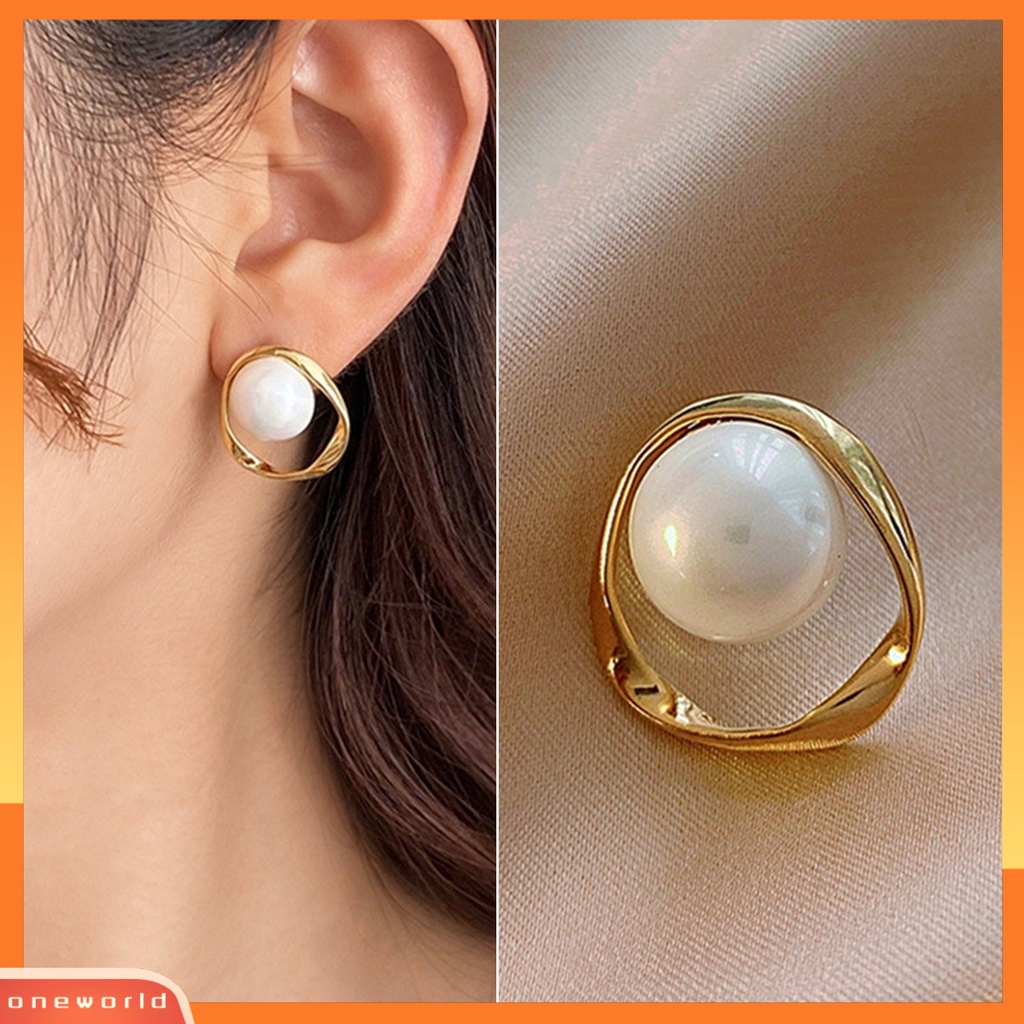 [WOD] 1pasang Ear Studs Elegant Shiny Hollow Geometris Elemen Mutiara Imitasi Wanita Anting Untuk Pakaian Sehari-Hari