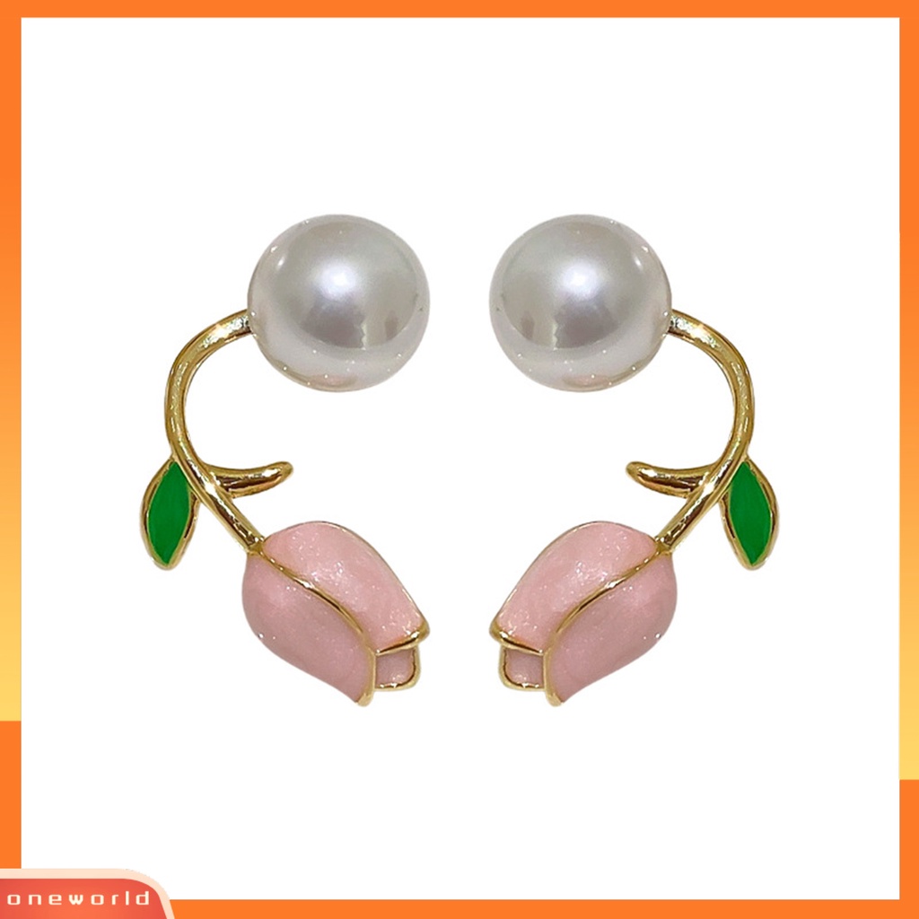 [WOD] 1pasang Anting Wanita Permukaan Halus Fashion Stainless Anti Karat Warna Kontras Hias Telinga Mutiara Imitasi Bunga Tulip Stud Earrings Aksesoris Wanita