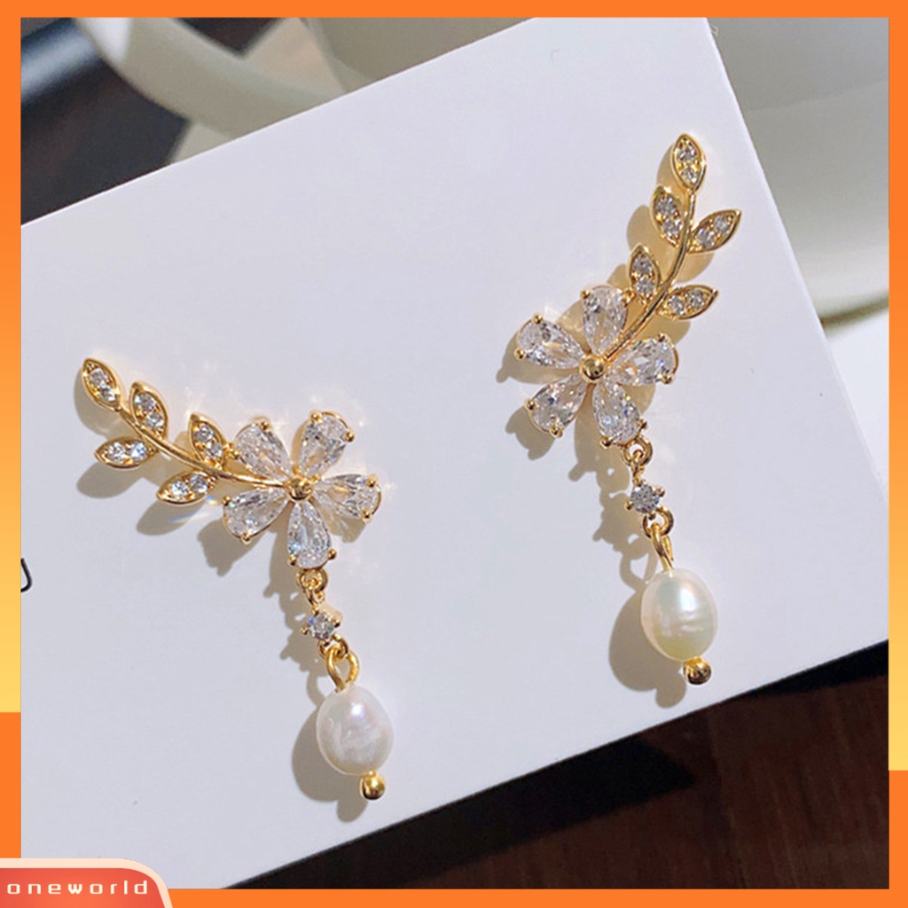 [WOD] 1pasang Anting Menjuntai Glitter Mutiara Imitasi Temperamen Manis Bentuk Bunga Daun Anting Berlian Imitasi Untuk Perjamuan