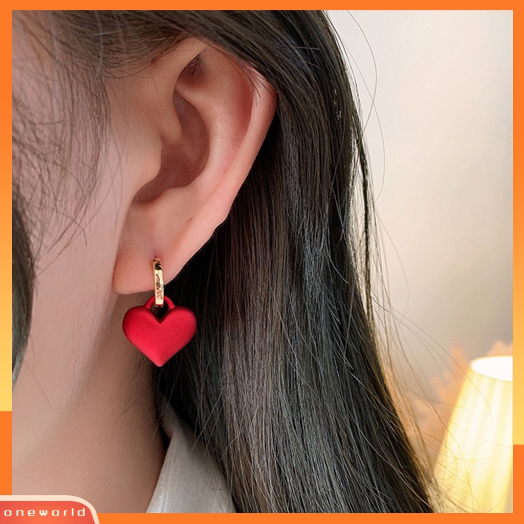 [WOD] 1pasang Anting Klip Romantis Mewah Paduan Frosted Merah Hati Drop Earrings Perhiasan Pesta