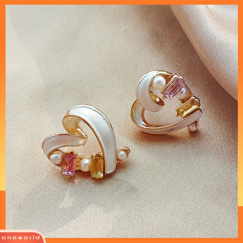 [WOD] Wanita Fashion Cinta Bentuk Hati Telinga Pejantan Mutiara Imitasi Cubic Zirconia Earrings