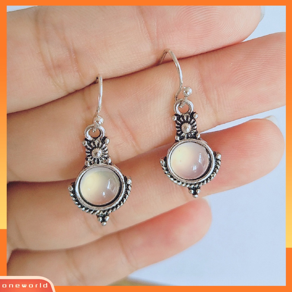 [WOD] Vintage Wanita Faux Moonstone Hollow Bulat Menjuntai Kait Anting Perhiasan Hadiah