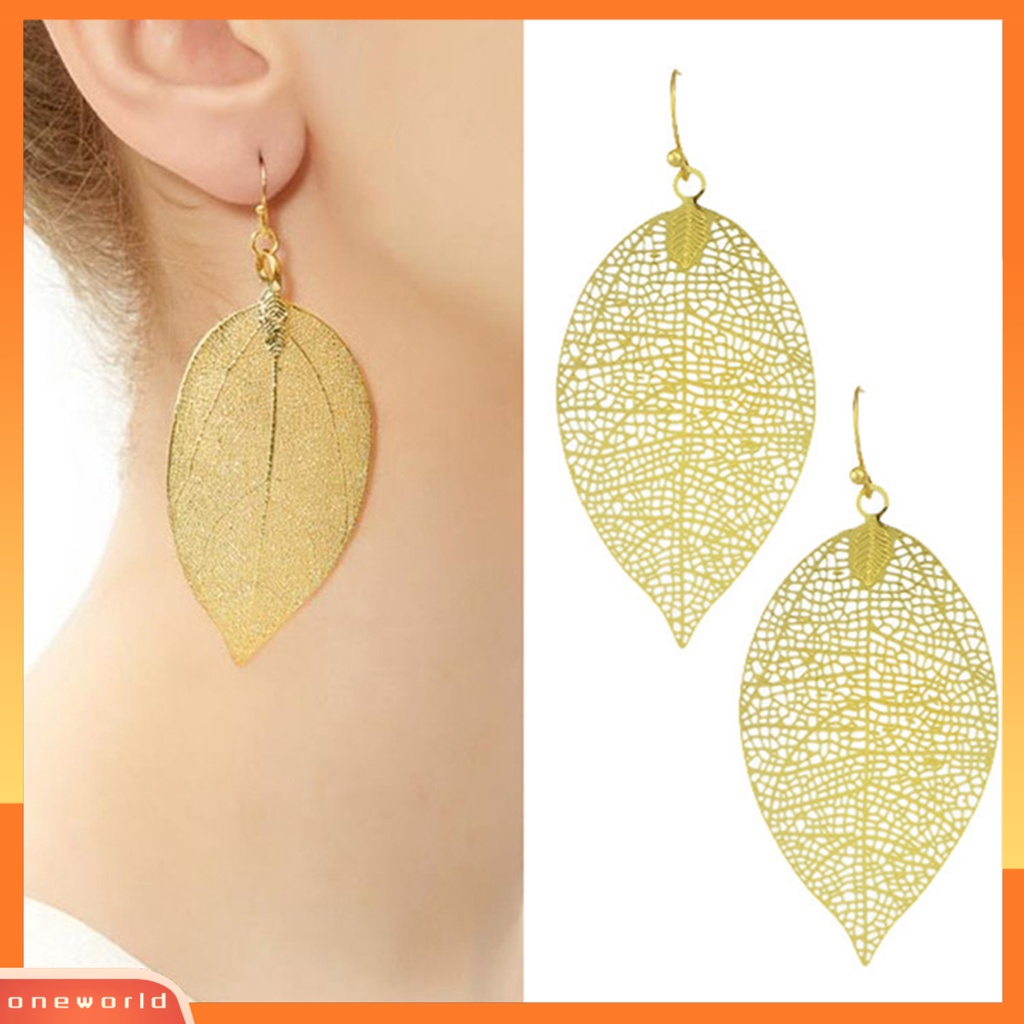 [WOD] Anting Kait Hollow Daun Menjuntai Anti Karat Wanita Hook Piercing Earrings Perhiasan Untuk Perjamuan