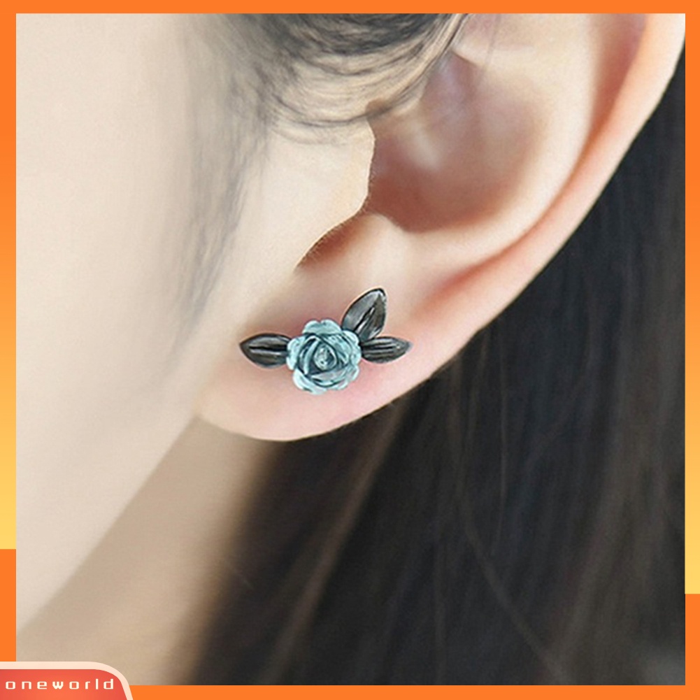 [WOD] Fashion Wanita Asimetris Duri Cabang Bunga Mawar Ear Stud Earrings Perhiasan