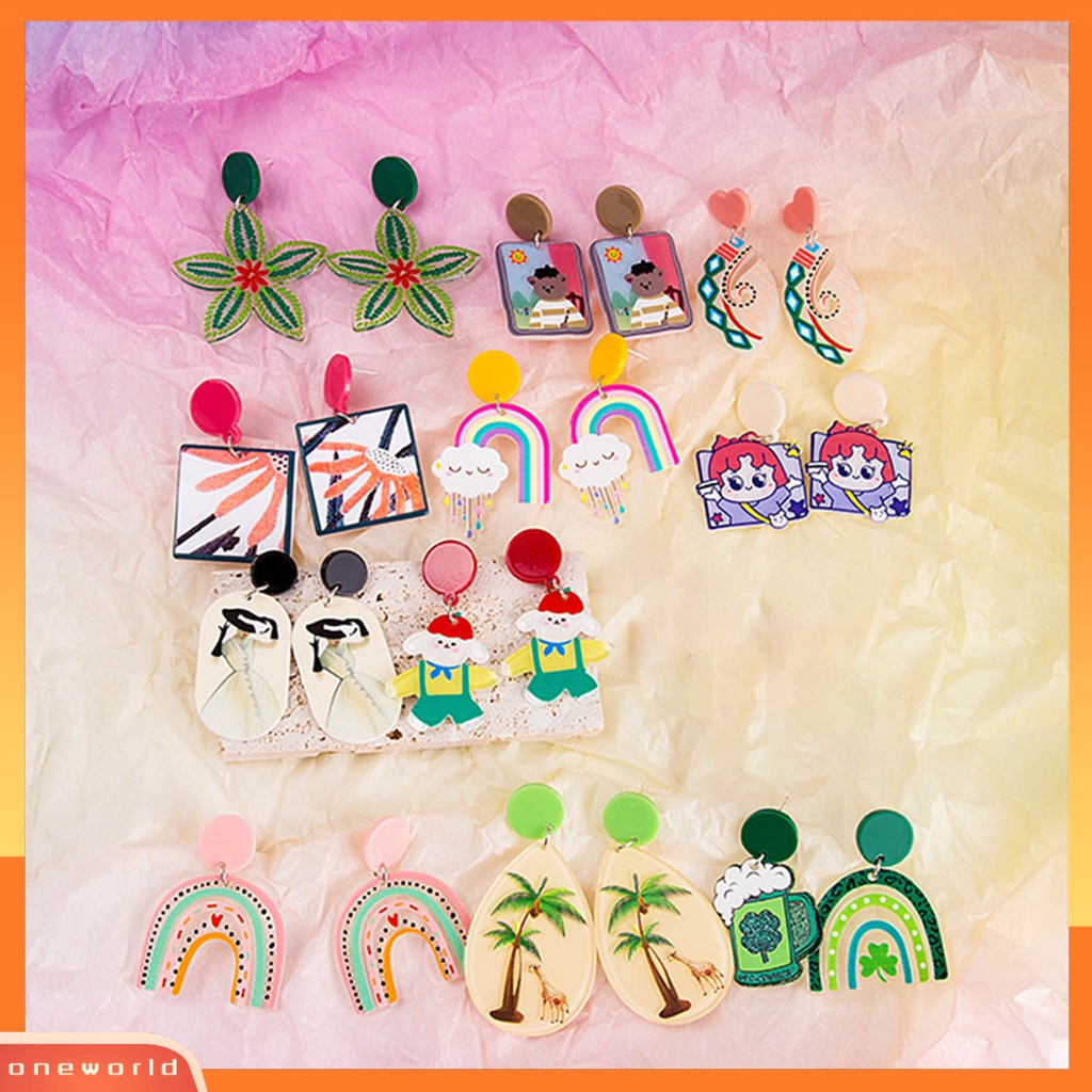 [WOD] 1pasang Anting Wanita Bagus Gloss Warna-Warni Fashion Perhiasan Bunga Bintang Kartun Geometris Anting Akrilik Hadiah Ulang Tahun