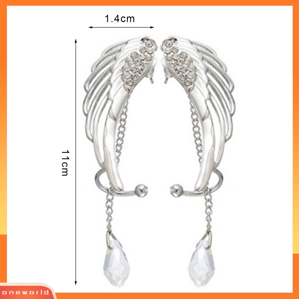 [WOD] 1pasang Wanita Drop Earrings Halus Kristal Imitasi Warna Solid Bentuk Sayap Rumbai Panjang Anting Pernikahan Perhiasan Perempuan