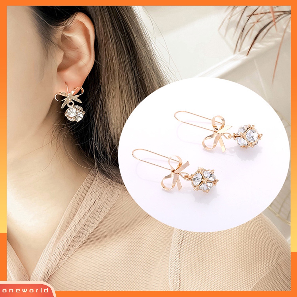[WOD] Fashion Wanita Busur Berlian Imitasi Mengkilap Bola Menjuntai Kait Anting Pesta Perhiasan Hadiah