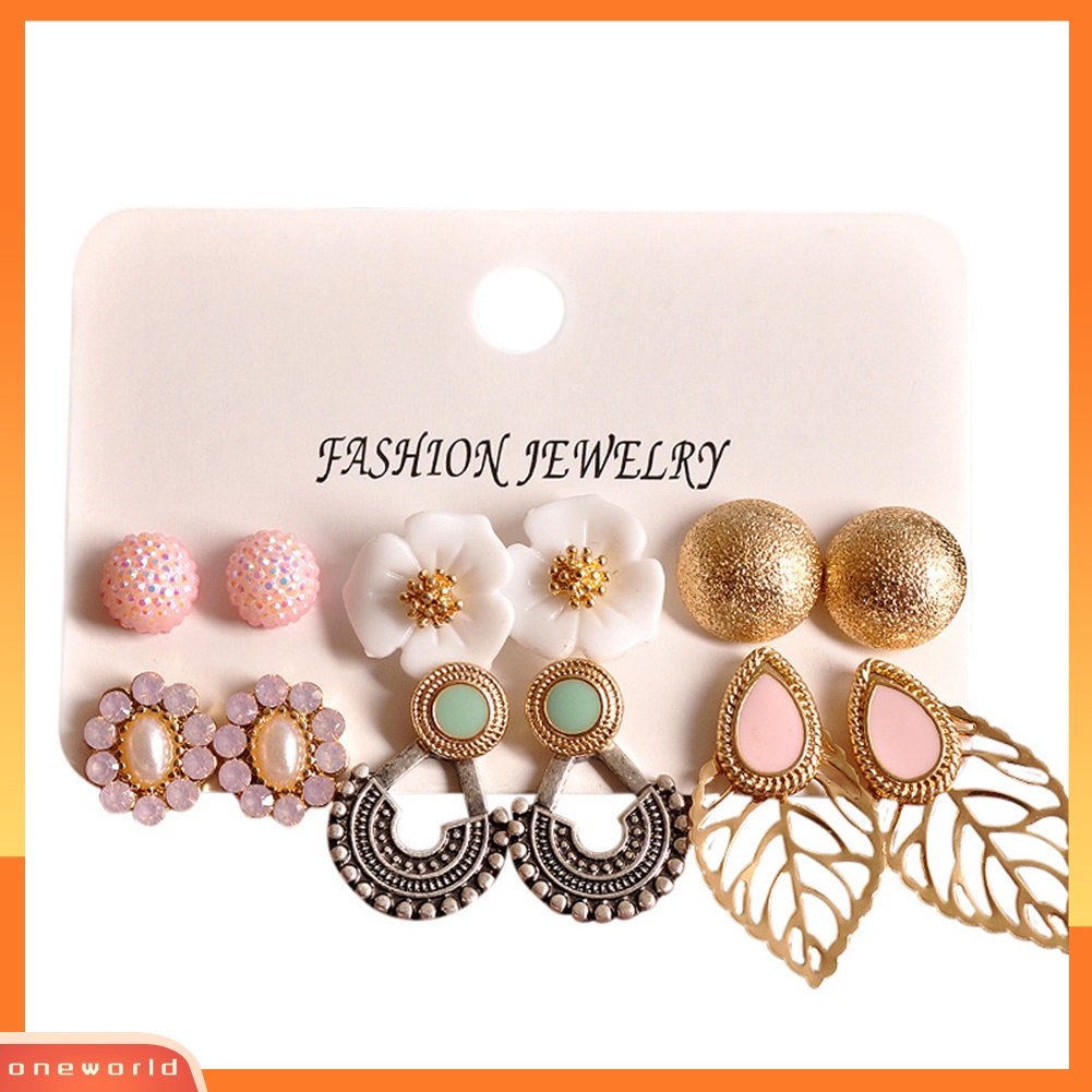 [WOD] 6pasang Bohemian Bola Bunga Berongga Daun Telinga Studs Earrings Set Perhiasan Wanita