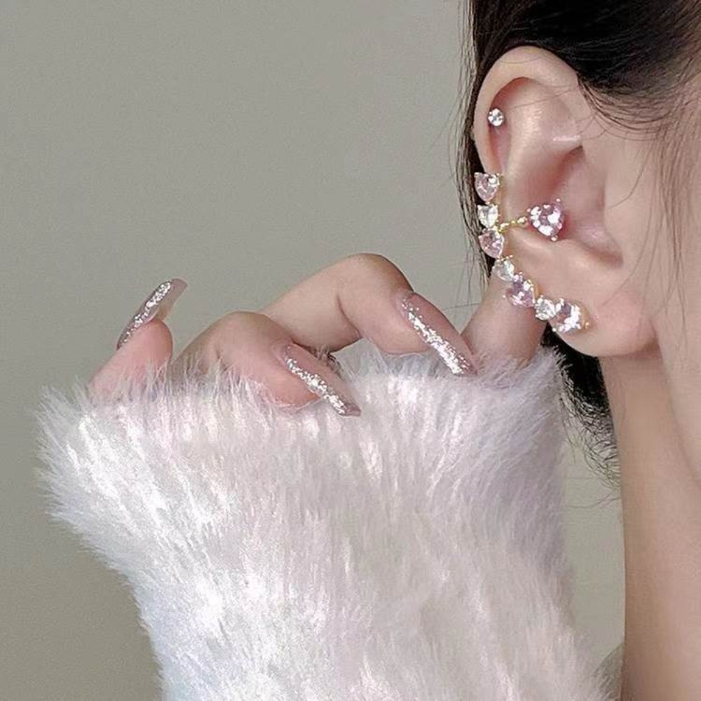 Deartiara Manis Asimetris Merah Muda Cinta Zirkon Ear Studs Earbone Klip Kecil Dan Sederhana Serbaguna Anting Gaya Fashion